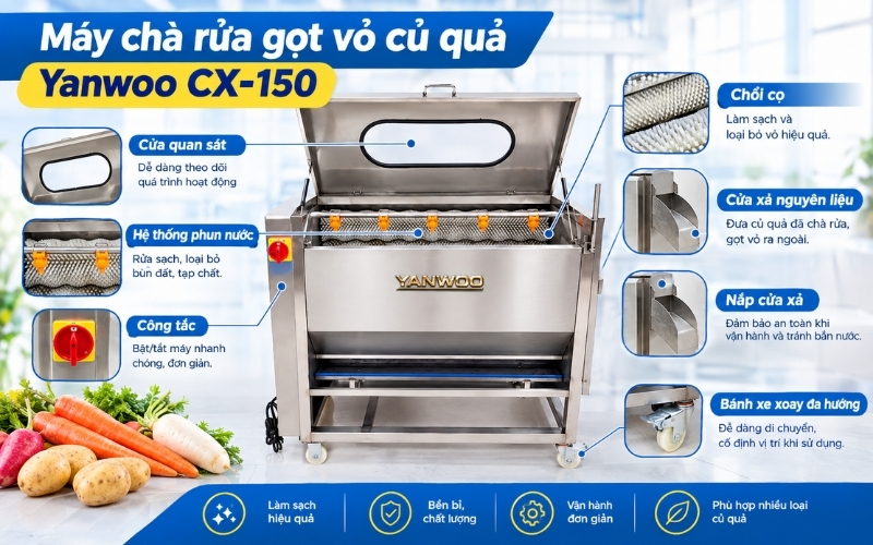 Cấu tạo máy chà rửa gọt vỏ củ quả Yanwoo CX-150