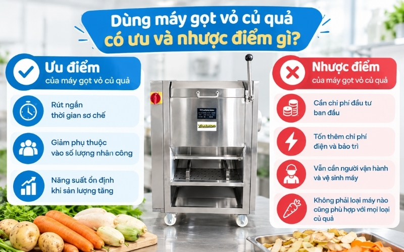 Dùng máy gọt vỏ củ quả có ưu và nhược điểm gì