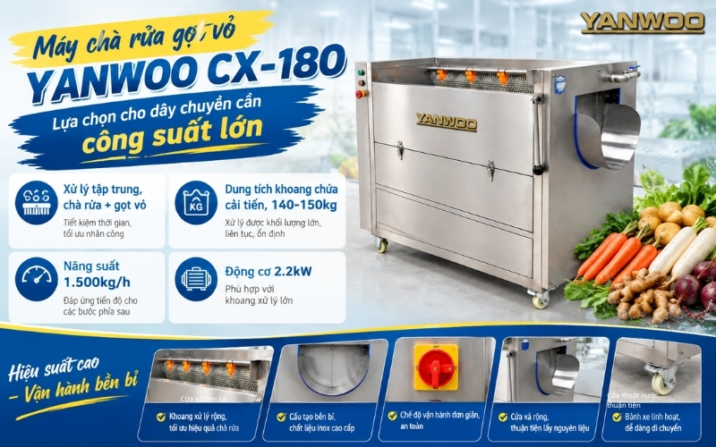 Máy chà rửa gọt vỏ Yanwoo CX-180 - lựa chọn cho dây chuyền cần công suất lớn