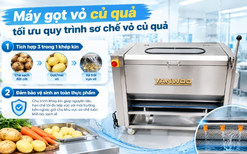Máy gọt vỏ củ quả tối ưu quy trình sơ chế vỏ củ quả